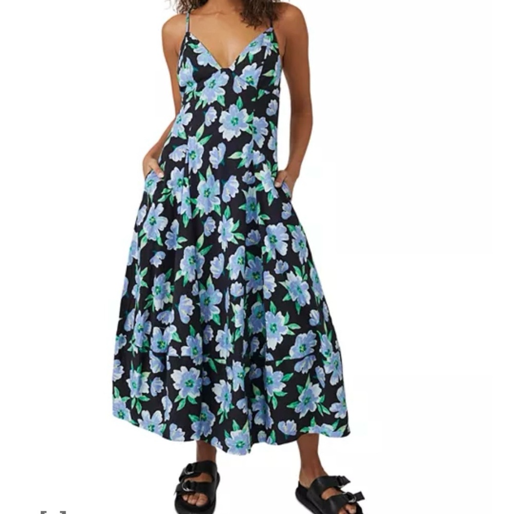 Free People Black Dress with Blue and Green Floral Design